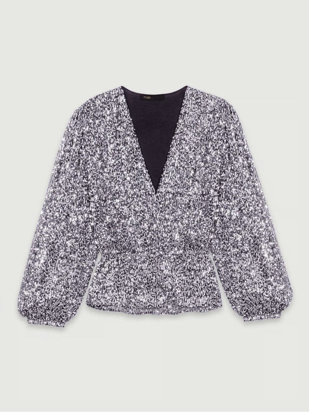 NWT MAJE SILVER SEQUIN PEPLUM V NECK BLOUSE SZ 1/S